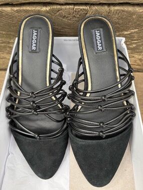 JAGGAR Black 36# Series Flat Knotted Strappy Pointed-Toe Flats
